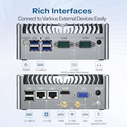 Image of Fanless Mini PC,Industrial Mini Computer Core i5-1235U(10 Core /12 Thread),HDMI+VGA 4K Display,2RS232 /RS485 COM,2RJ45 LAN,6USB,Windows 11 pro,Auto Power On & WOL,Metal Case(8GB RAM 128GB SSD)