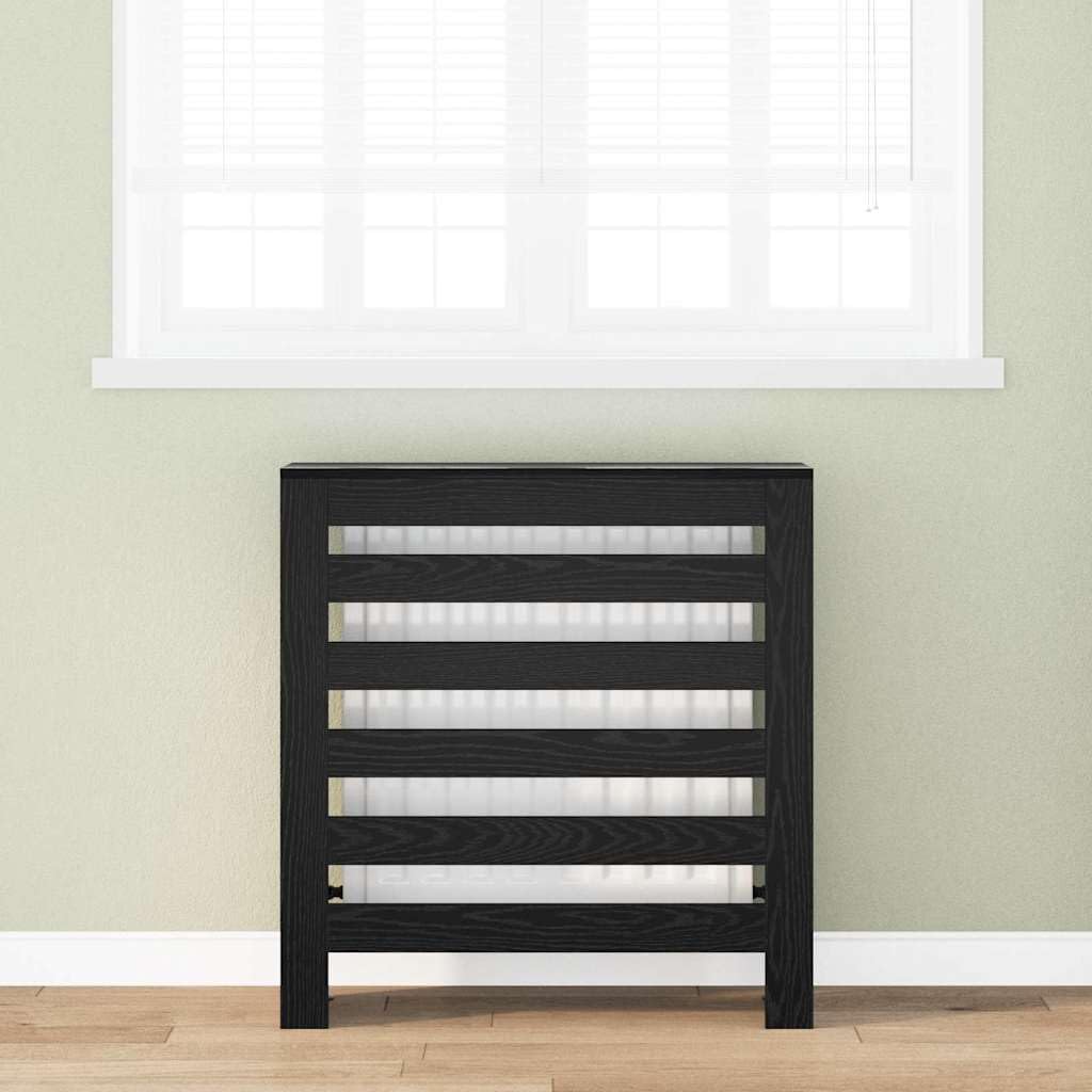 Heizkörperabdeckung Schwarz Eichen-Optik aus Holzwerkstoff 78 x 20 x 82 cm, vertikales Latten-Design, mit oberem Regalfach, für Wohnzimmer Wärme regulierung