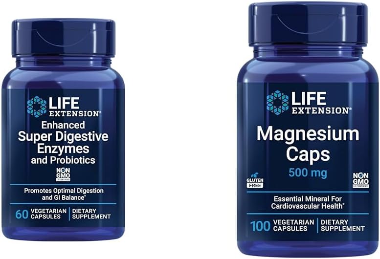 Life Extension 60 Vegetarian Capsules Enhanced Super Digestive Enzymes & Probiotics and 100 Magnesium Capsules for Heart, Bone, Metabolism Support