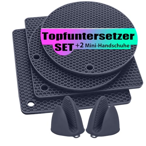 Pantelej Silikon Topfuntersetzer 6er Set - Inklusive 2 Mini-Topfhandschuhen - Hitzebeständig bis 230 Grad - Spülmaschinenfest und rutschfest - Wabenmuster Design - Multifunktional - Dunkelgrau