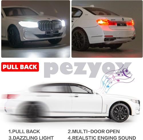 Image of Diecast BMW 7Series 760 THE7 Toy Car 1:24 Scale Model,Pull Back Vehicles Alloy Simulation Supercar with Lights and Sound Also for Car Dashboard,Kids (White)