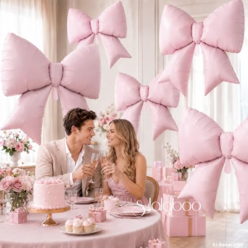 Image of 10Pcs Pink Bow Foil Balloons 38 Inch Big Helium Coquette Party | Light Pink Bow Shaped Balloons for Women Birthday Bridal Shower Wedding Bachelorette Anniversary Engagement Party Decoration