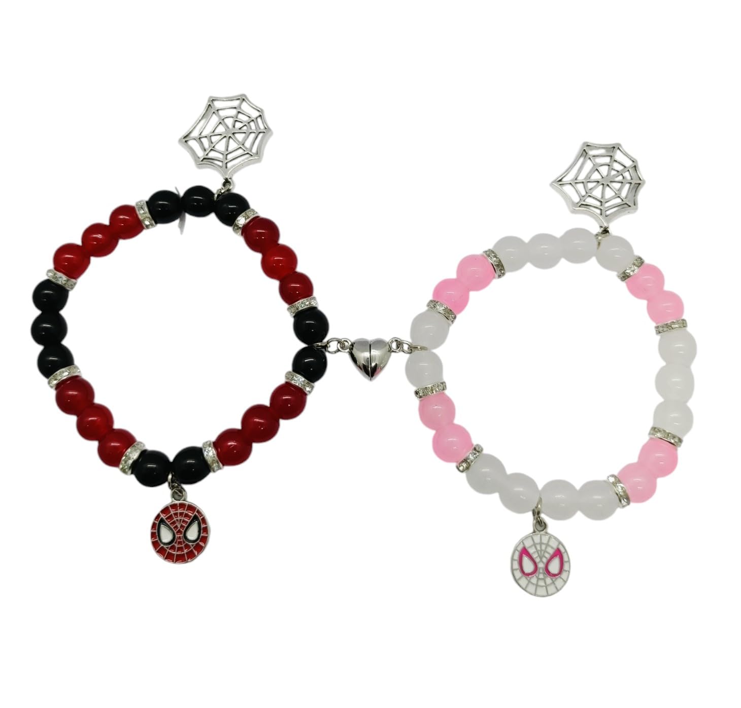 Spider-Man Inspired Couple Bracelets 2pcs - Magnetic Attraction Heart Charm, Glass Beads, Spider Pendant, Marvel Theme Party Accessory, Valentine's Day Gift, Suitable for All Seasons