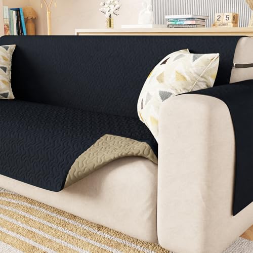 Lukzer 1 Seater Quilted Reversible Sofa Mat with Storage Side Pocket - Stipple Navy Blue | 350 GSM Polyester Blend Full Coverage with Arms | Machine Washable Sofa Runner (50-60CM/SC-210-01)