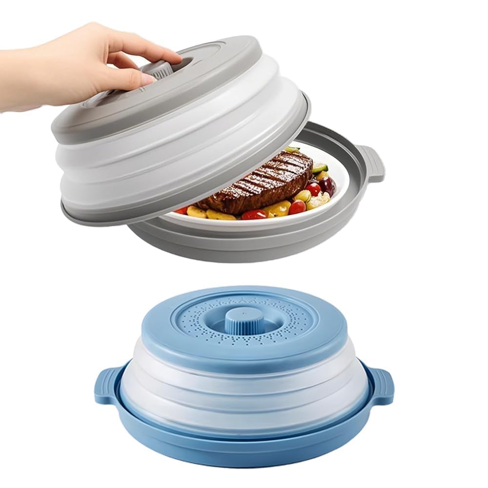 Tapa Microondas Plegable, Set de 2 Piezas Tapadera para Microondas Antisalpicaduras con Orificios de Vapor, Bandeja Escurridor para Calentar Comida Frutas Verduras (Verde+Gris)
