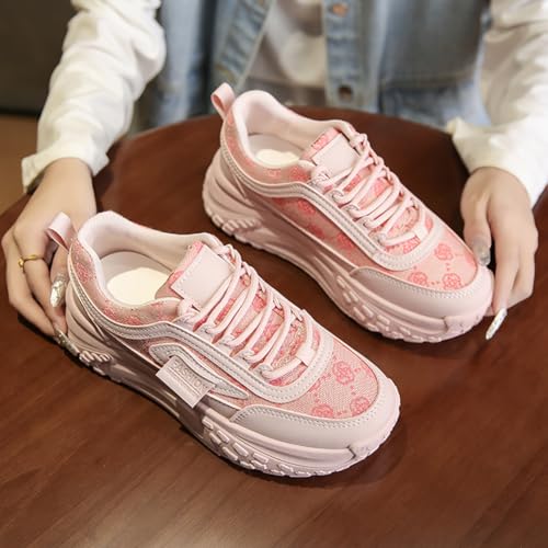 Chunky Platform Sneakers for Women,Cute Fashion Walking Dad Shoes,Black Pink and Beige4