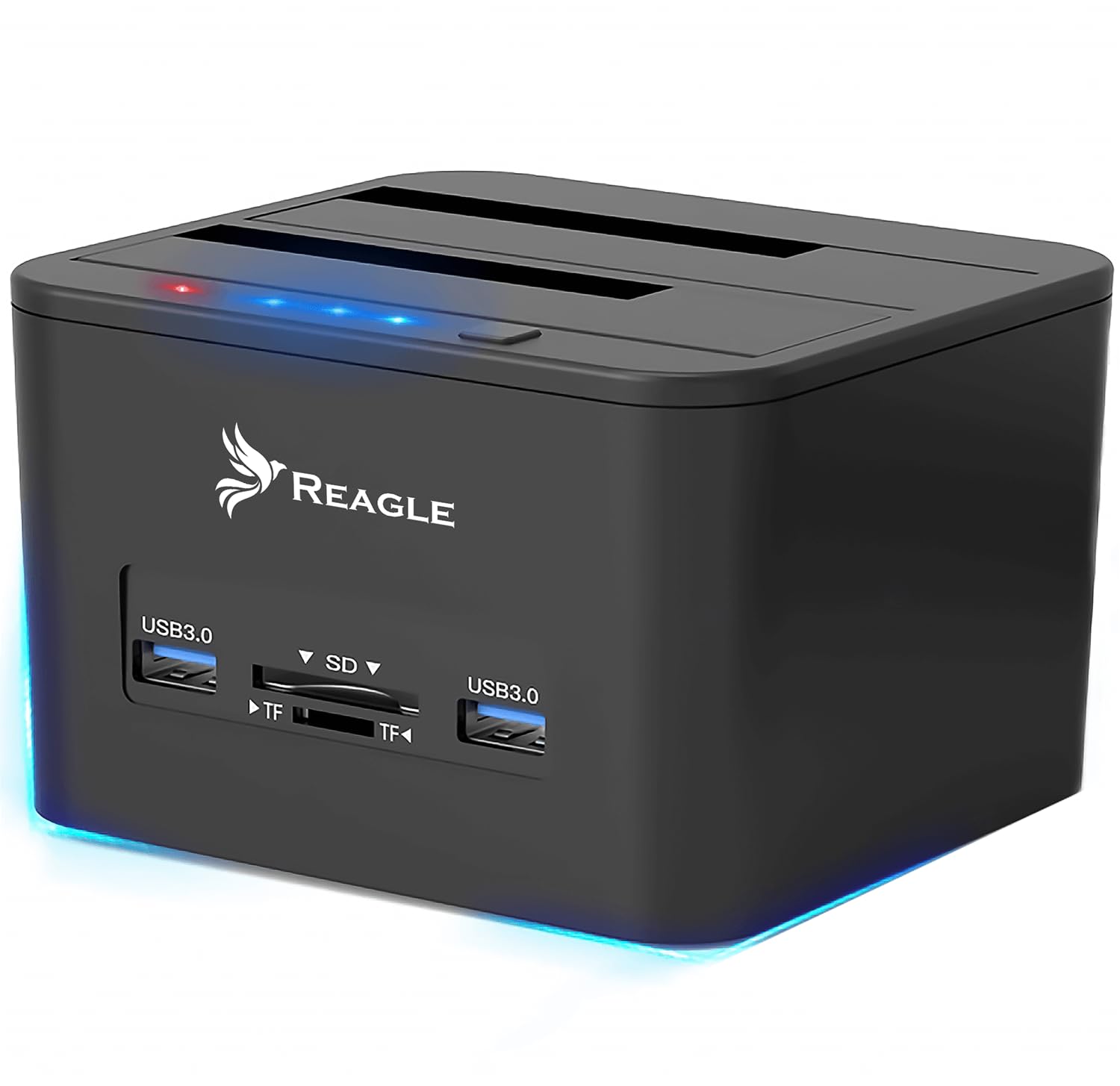 Reagle Dual Bay Stacja dokująca do HDD/SSD, obsługa 32 TB, USB 3.2 Gen 1, czytnik kart, klonowanie offline, kompatybilna z Windows/Mac
