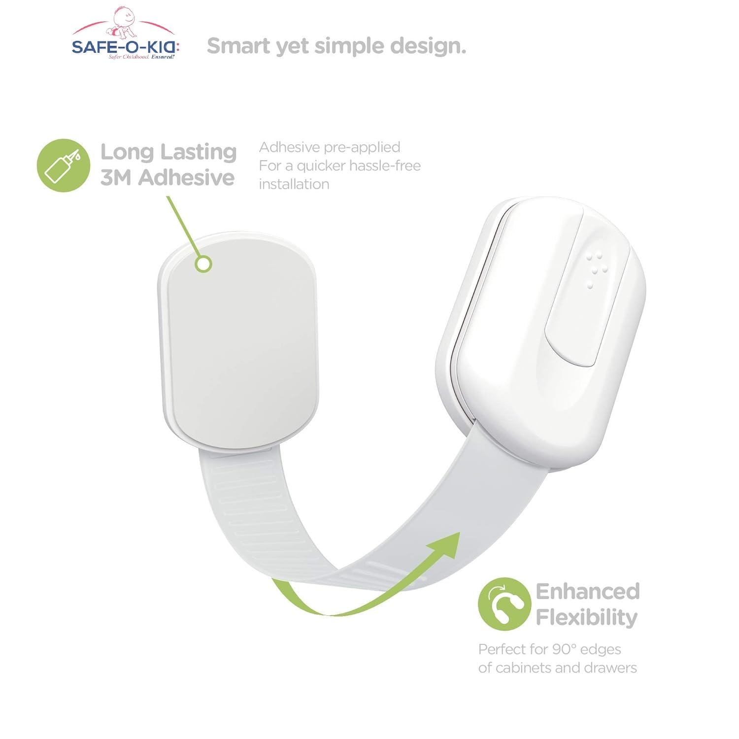 Safe-O-Kid Baby Safety Locks (8-Pack), Advanced 2025 Model (Strong and Sturdy with extra 3 M tapes and Alchohal pads) Multipurpose Lock, Child Safety Cabinet Proofing - Safest Quick and Easy 3M Adhesive Cabinet Drawer Door Latches, No Screws & Magnets, Multi-Purpose for Drawers, Cabinets, Furniture, Kitchen, Ovens, Toilet Seats. 2