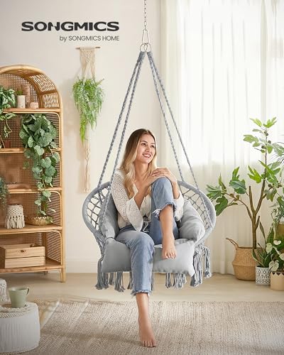 Image of SONGMICS Hanging Chair Thick Cushion Hammock Chair Accessories Included | Hammock Chair with Large, Thick Cushion, Boho Swing Chair for Bedroom, Patio, Balcony, Dove Gray UGDC042G11