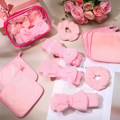 24 Pieces Sleepover Party Supplies Spa Party Favors 6 Spa Headband 6 Velvet Scrunchies 6 Makeup Remover Cloth 6 Clear Cosmetic Bags for Slumber Gift(Pink)4