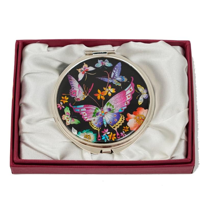 February Mountain Mother of Pearl Compact Mirror – Dual Magnification Gift for Women, Mom, Sister – Birthday or Christmas Idea (1, Colorful Butterfly on Black Background)