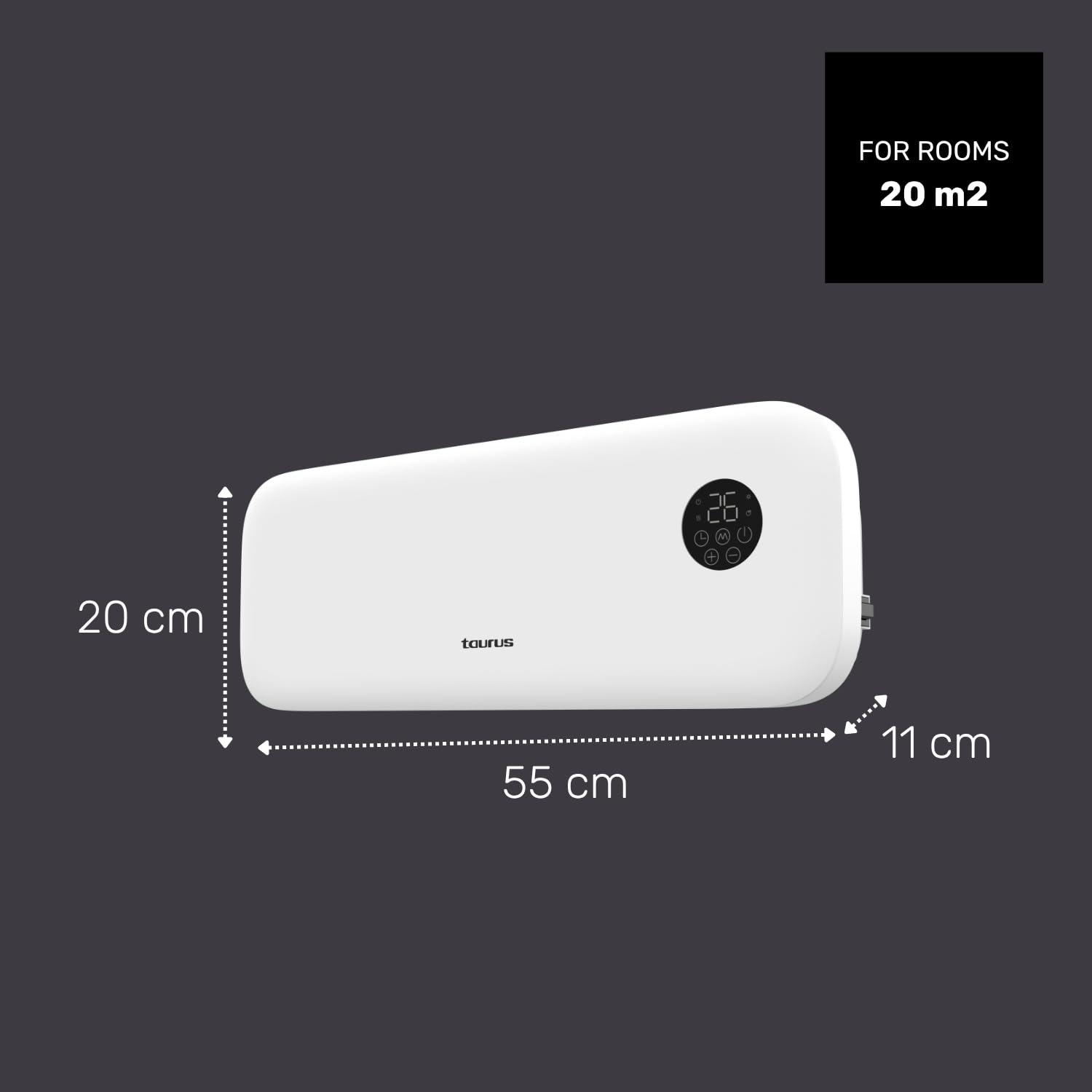 Taurus – Calefactor de Pared RCMB 22 | 2000W | 3 modos | 2 Niveles Temp | Display digital | Control remoto | Protección Sobrecalentamiento | Temporizador 9h | Para estancias de 20 m²