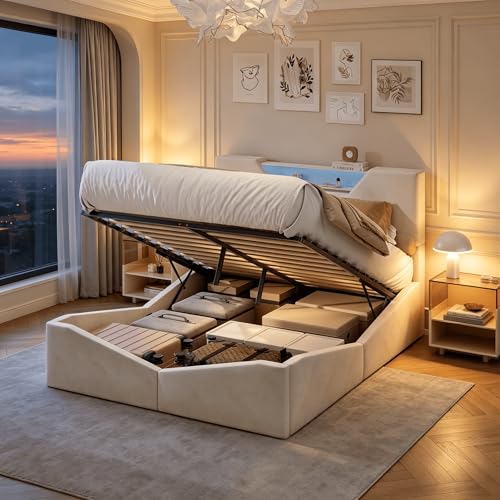 HYNHXBP Lit Coffre 160x200 avec Sommier, Lit Double en Velours Beige avec LED RGB, Tête de Lit avec Rangement, Coffre Hydraulique, pour Adultes et aux...