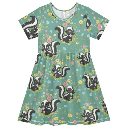 Girls Summer Dress Short Sleeve A Line Cute Skunks Colorful Flowers Casual Dresses for Kids 2-8 Years