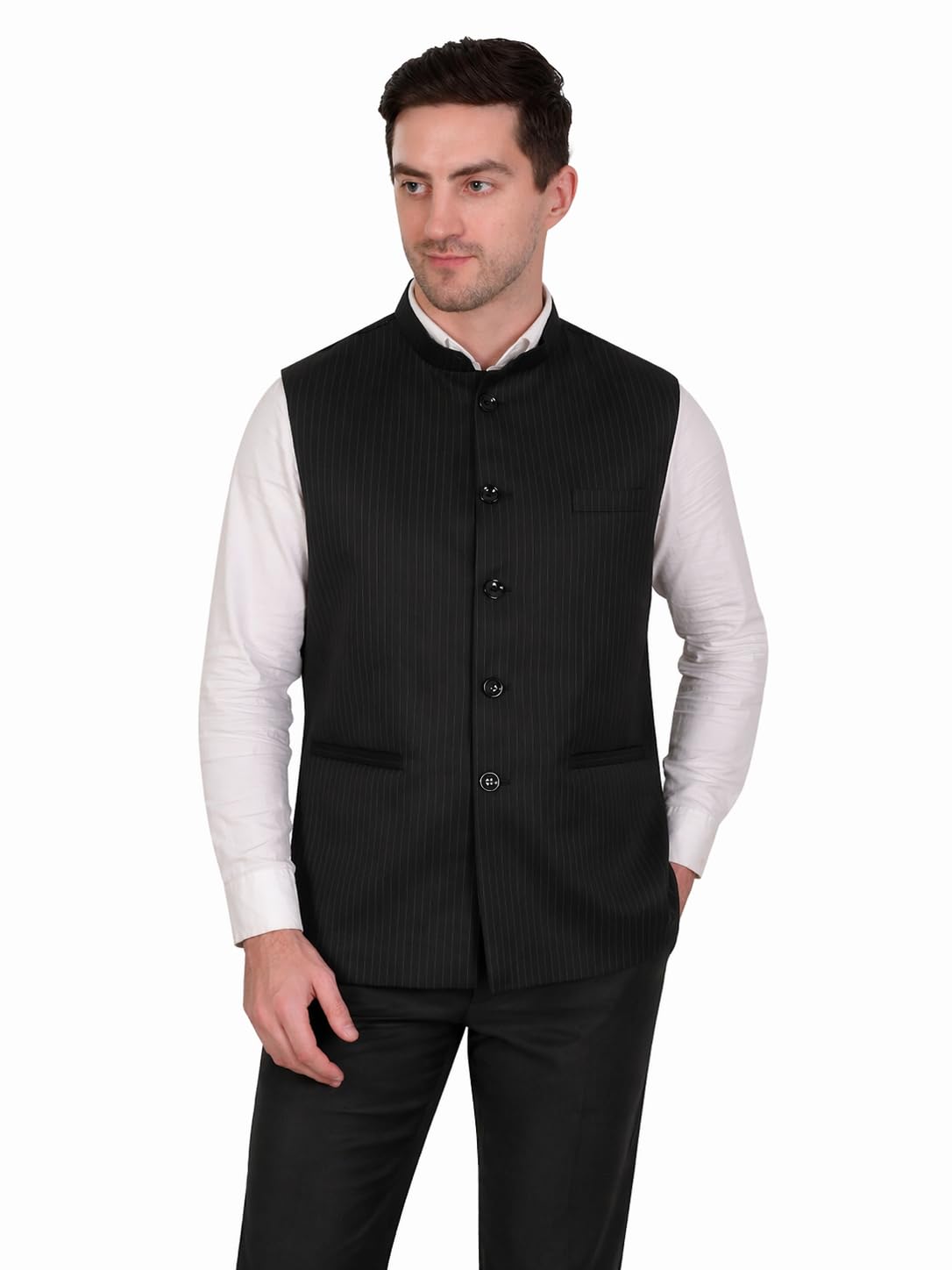 Men’s Formal Pinstripe Nehru Jacket | Premium Modi Waistcoat Bandhgala Regular Fit with Polyester Lining & Inner Pocket for Office, Business, Party & Wedding