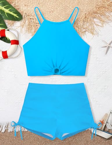 Image of BAVADER Girls Swimsuit 2 Pcs Solid Color Cutout Tankini with Shorts Drawstring Bathing Suit for Girls Swimwear 7-14Y