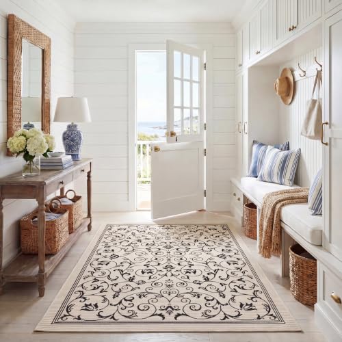 SAFAVIEH Washable Rug Outdoor Courtyard Collection - 4' x 5'7", Sand & Black, Non-Shedding & Easy Cleaning, Ideal for Patio, Backyard, Mudroom (CY2098-3901)