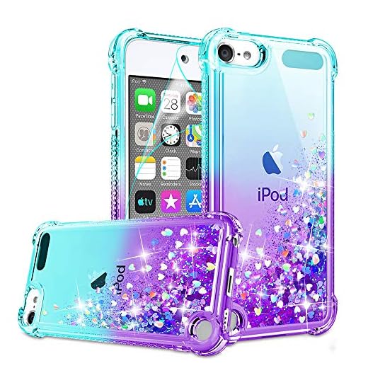 iPod Touch 7 Case, iPod Touch 6/Touch 5 Case with HD Screen Protector for Girls Women, Gritup Cute Clear Gradient Glitter Liquid TPU Slim Phone Case for Apple iPod Touch 7th/ 6th/ 5th Teal/Purple