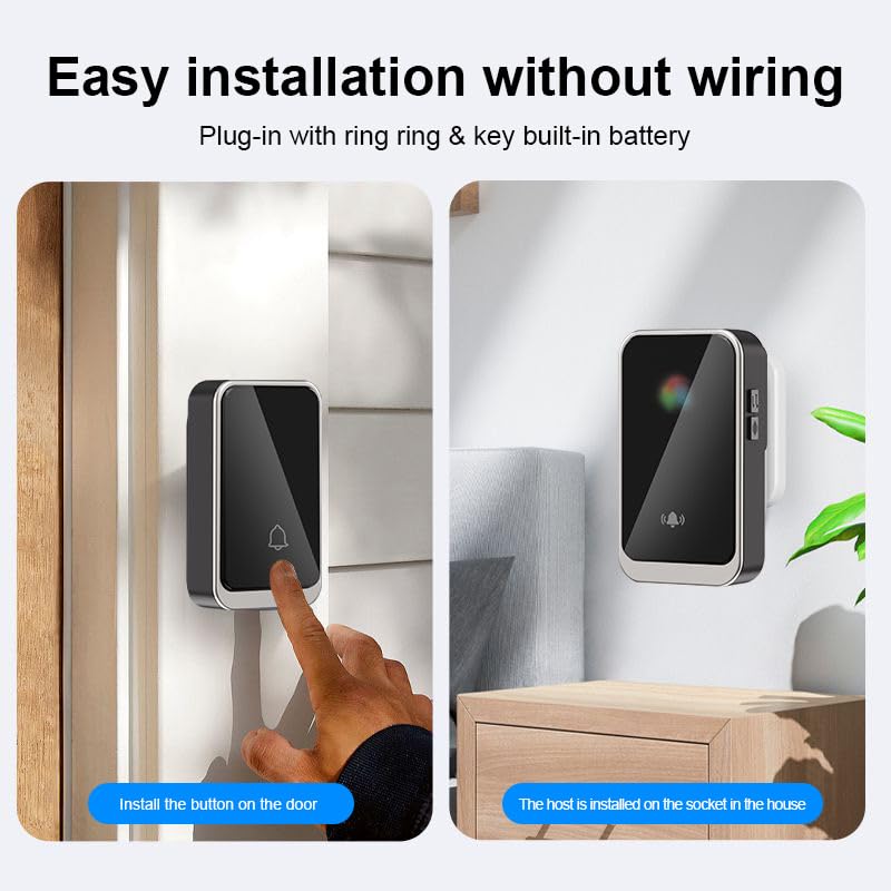 Image of Door Bell without Wire with 300m Range, 38 Ringtones & 8 Volume Levels | Plug-in Receiver & Waterproof Transmitter - Black