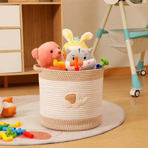 Image of Toy Storage Baskets Woven Cotton Rope Storage Basket for Kids, Blanket Baskets for Living Room Toy Basket Box Toys Organizer with Embroidery Decor Cute Baskets for Nursery, Playroom (Elephant)