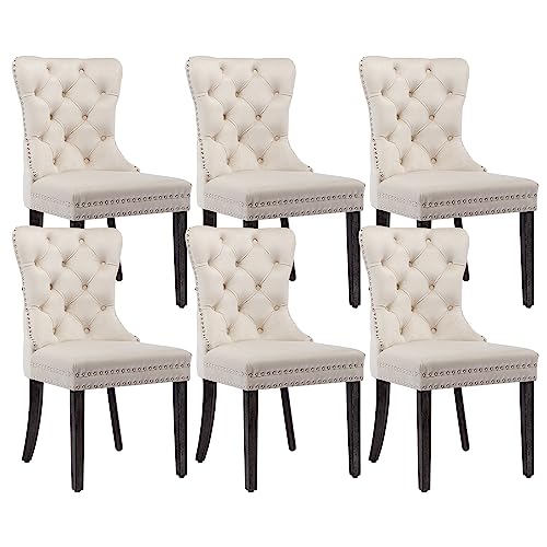 Kcc Velvet Dining Chairs Set Of 6 (Renewed), Upholstered High-End Tufted Dining Room Chair With Nailhead Back Ring Pull Trim Solid Wood Legs, Nikki Collection Modern Style For Kitchen, Beige #TOP24