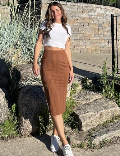 Image of Zeagoo Womens Knit Midi Skirts Casual Pencil Skirt High Waisted Long Skirt with Slit Elegant Work Office Skirts