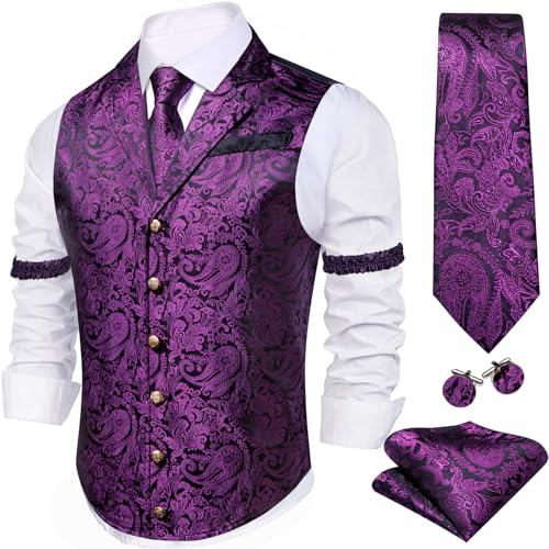 Image of Barry.Wang Mens Silk Lapel /Shawl Collar Vest Tie Sleeve Holder Set Formal /Casual Paisley Vests Wedding Tuxedo Waistcoat
