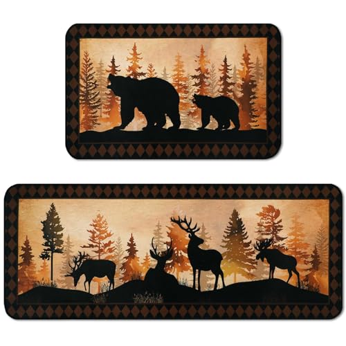 Image of Bencailor 2 Pcs Wildlife Kitchen Rugs and Mats Set Non Slip Animal Kitchen Mat Cabin Rug Bear Deer Rugs for Winter Home Floor Kitchen Bathroom Decor, 19.7 x 31.5 and 19.7 x 47.2 Inch