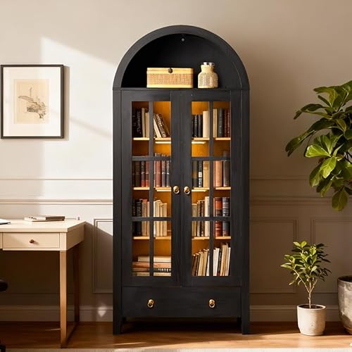 HOOOWOOO 71" Tall Arched Cabinet Bookcase with Sensor Light,Mid-Century Modern