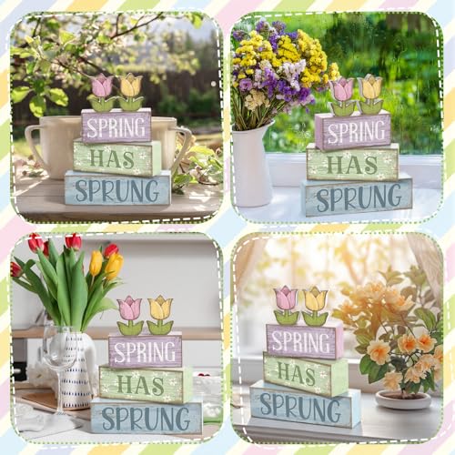 Image of Moucuny 4 Pcs Spring Table Decorations Wooden Stacked Block Sign with Tulip Decor - inchspring Has Sprung inch Centerpiece Rustic Easter Tiered Tray Decorations Flower Signs for Home Kitchen Tabletop Mantel