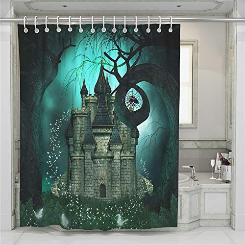 Treer Tenda da Doccia Antimuffa 3D Castello da Sogno, Impermeabile Lavabile Tessuto Poliestere Tende Doccia per Vasca da Bagno, con Durevole di 12 Ganci Plastica (Castello Ragno,90x180cm)