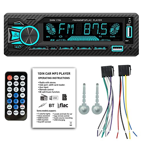 Quystetes Radio de Coche 1Din Srereo Bluetooth Reproductor MP3 Receptor FM con Control Remoto Tarjeta AUX/USB/TF en Dash Kit