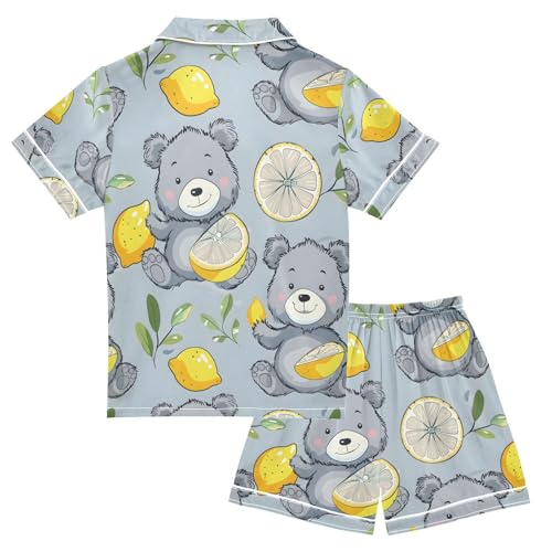 ALAZA Cartoon Bear Lemon Pajamas Satin Pajama Set Short Sleeve Button Down Sleepwear2