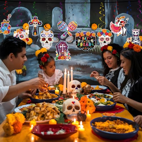 Image of 48 Pieces Day of the Dead Hanging Swirls Cinco De Mayo Party Decorations with Colorful Cross Skull Cat Bride Grave for Mexican Fiesta Themed Dia De Los Muertos Birthday Decor Supplies