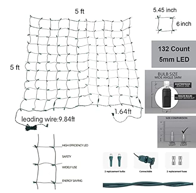 White Christmas Net Lights for Bushes Outdoor, 120LED 5FT x 6FT Connectable UL Certified Net Lights for Bushes Tree Shrubs Xmas Trunk Green Wire Christmas Decorations(Cool White)