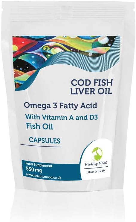 Cod Liver Oil 550mg High Strength Cod with Vitamin A and Vitamin D3 Omega 3 EPA DHA Fish Oil Capsules -180