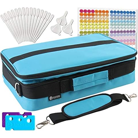 GIANT 124 Essential Oils Train Case for 5ml, 10ml and 15ml bottles – Shoulder Style Soft Case with Tall Plush Black Felt Inlay EVA Insert, Premium Metal Connectors and Double Zippers (Caribbean Blue) Cover