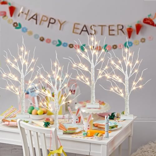 EAMBRITE Home Decorations Light Up White Birch Tree Indoor Christmas Decor, Set of 4, Battery Operated Lighted Tabletop Bonsai Tree Led Lights Money Tree Xmas Wedding Centerpiece Table Room (2Ft)
