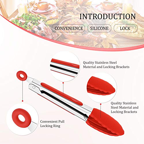 7 Inch Silicone Tongs Mini Kitchen Tongs with Silicone Tips Small Serving Tongs Stainless Steel Cooking Tongs for Salad, Grilling, Frying and Cooking (Red, Green, Blue,3 Pieces)