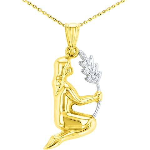 High Polish 14K Yellow Gold Virgo Maiden Holding Wheat Zodiac Sign Charm Pendant With Cable, Curb or Figaro Chain Necklace