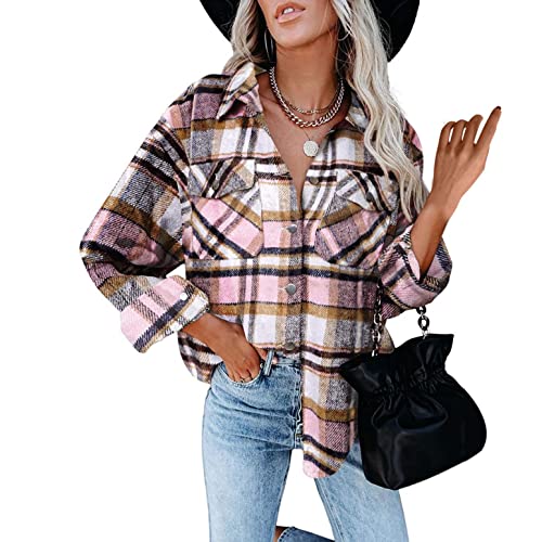 SUIQU Women s Brushed Plaid Shirts Long Sleeve Flannel Lapel Button Down Pocketed Shacket Jacket Coats Oversized Tops