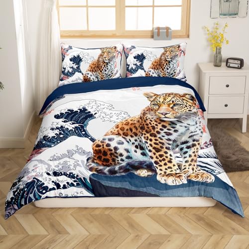 Housse de couette léopard et océan pour une chambre style japonais ukiyoe