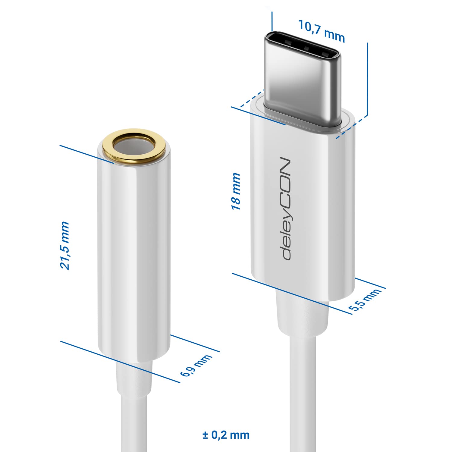 deleyCON 10cm Adattatore Cuffie USB‑C a Jack 3,5mm AUX - Compatibile con Apple, Samsung, Google, Huawei, Xiaomi, Smartphone, Tablet, Laptop, PC, Surface, Cuffie e Altoparlanti - Bianco