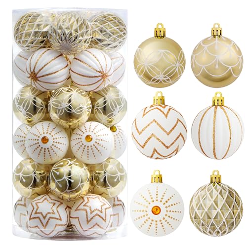 Joiedomi 30 Adornos navideños de 2.36 Pulgadas, diseño Surtido (Dorado y Blanco), Adornos navideños Surtidos inastillables para Vacaciones, Adornos para árboles