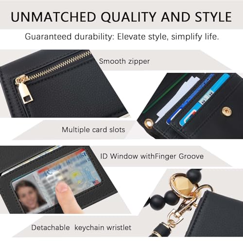 Image of Keychain Wallet for Women,RFID Wristlet Wallet with Beaded Strap | Tri-Fold Design,6 Card Slots,ID Window,Zipper Coin Pocket,Lightweight Carry