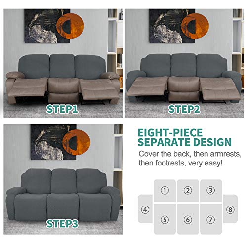 Image of YEMYHOM 8 Pieces Stretch Recliner Sofa Cover Jacquard Reclining Couch Cover with Side Pocket Anti-Slip Fitted 3 Cushion Furniture Slipcovers with Elastic Bottom (Sofa Recliner, Dark Gray)
