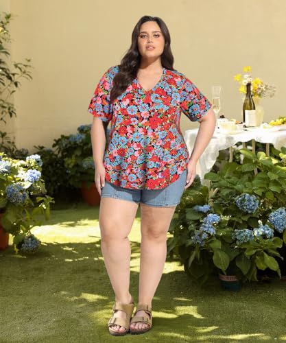 Image of TIYOMI Plus Size Tops for Women V Neck Tshirts Basic Tunic Casual Hawaii Floral Tie Dye Camo Summer Short Sleeve Tee XL-5XL