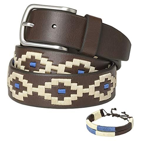 PELPE - Argentine leather belt, with matching string and leather bracelet. Belt embroidered on leather, for men and women. Argentine Polo Belts Cover