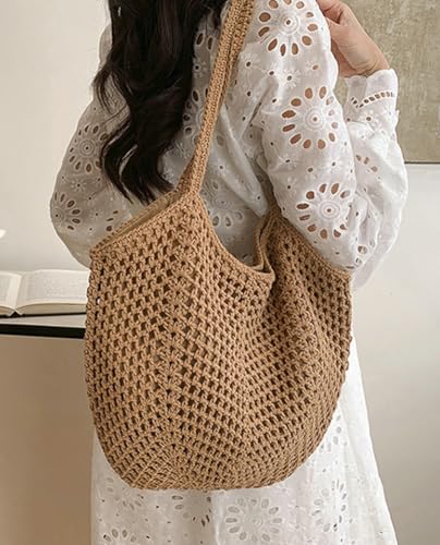 Aesthetic Mesh Beach Tote Bag for Women Hollow Knit Bag Beach Purse, Crochet Bags for Women4