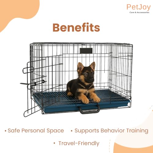 Image of PETJOY Foldable Metal Dog Cage | Dog Crate Kennel for Puppies, Small Dogs, Cats & Rabbits | Single Door with Secure Lock, Removable Leak-Proof Tray | Portable & Easy to Clean Pet Cage (Black, 30 INCH)